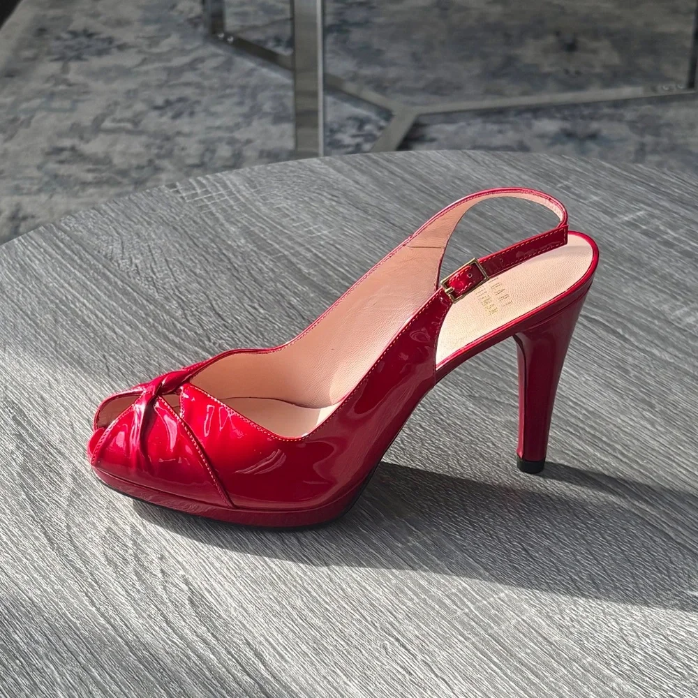Stuart Weitzman Red Patent Leather Slingback Peep Toe Heels 6.5M NEW - Picture 6 of 8
